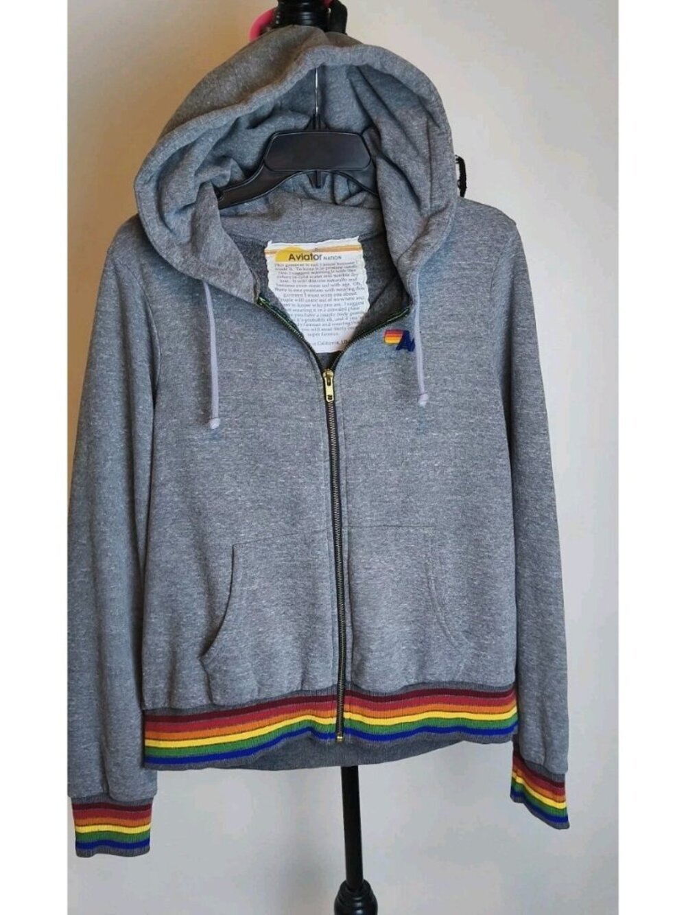 Aviator Nation 5 Stripe Zip Hoodie Heather Gray Rainbow Small Zip